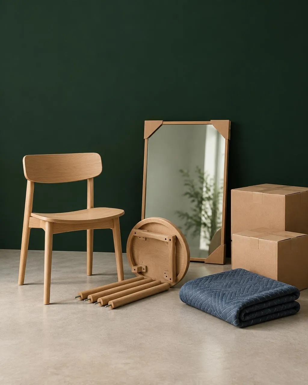 Imagen ilustrativa de muebles desmontados, espejo protegido y cajas