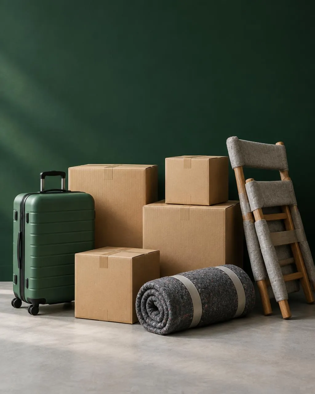 Imagen ilustrativa de cajas de mudanza, maleta y muebles protegidos