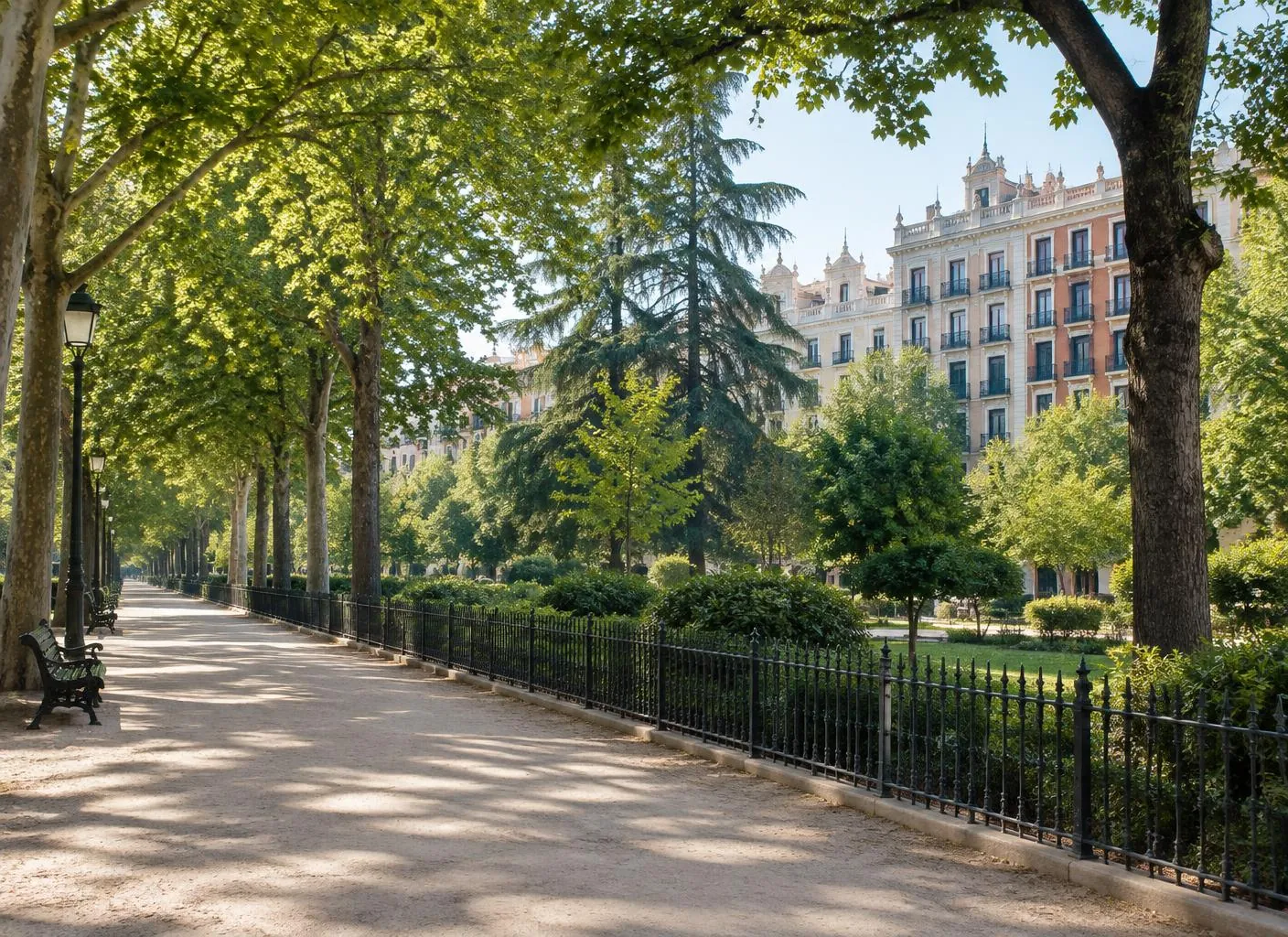 Escena ilustrativa de un parque y edificios inspirada en Madrid; no representa la dirección exacta