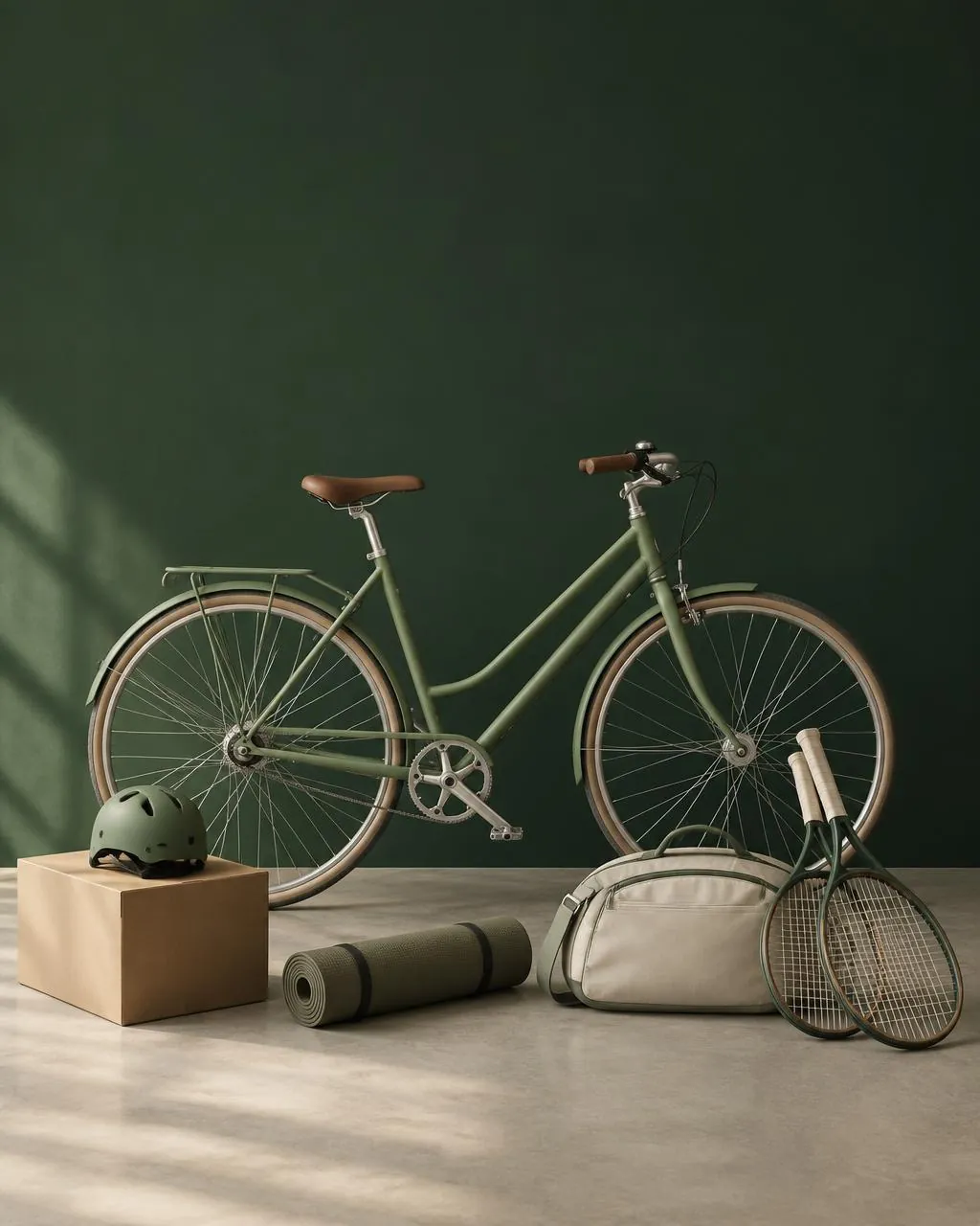 Composición ilustrativa de bicicleta, casco y material deportivo