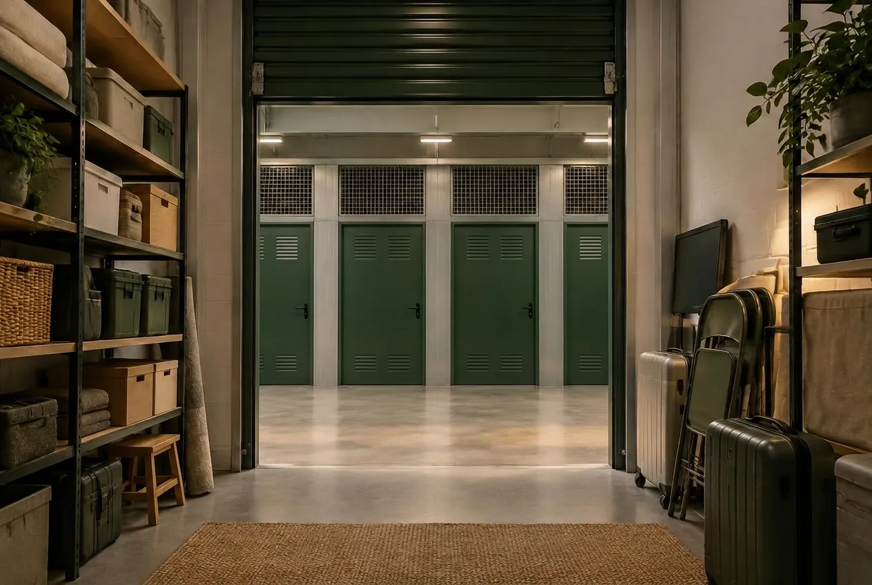 Vista ilustrativa desde el interior de un trastero ordenado con la puerta verde abierta al pasillo
